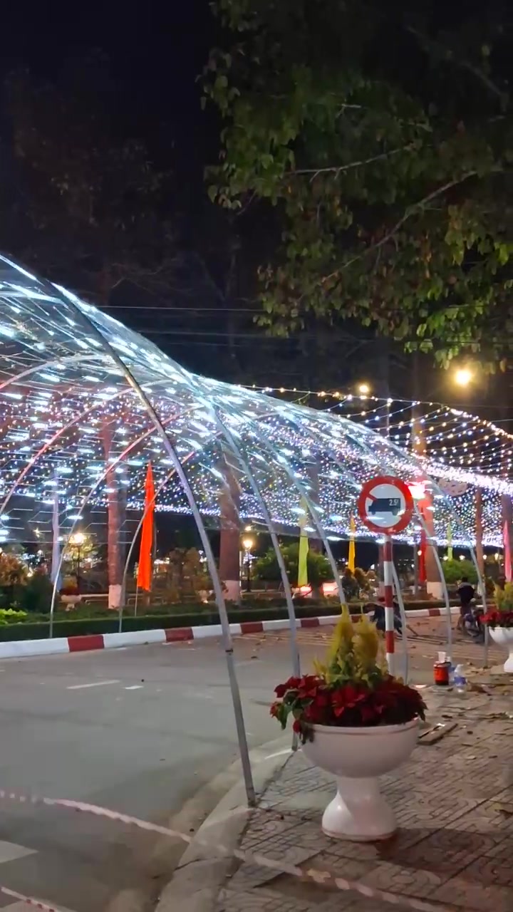 Khung vòm kết cấu thép trang trí đường hoa nghệ thuật ban đêm